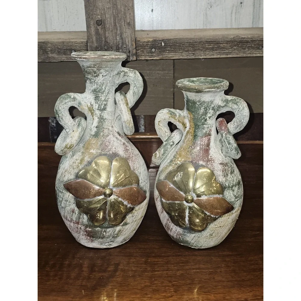 Vintage Mexican Terracotta Pottery Collectible Vases With Brass Embelishment 2pc